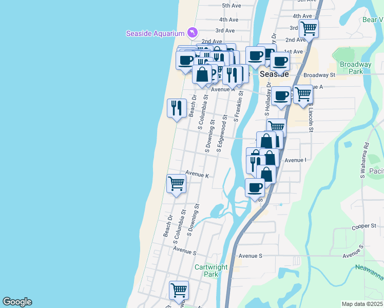 map of restaurants, bars, coffee shops, grocery stores, and more near 141 Avenue I in Seaside