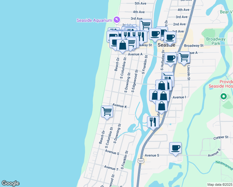 map of restaurants, bars, coffee shops, grocery stores, and more near 141 Avenue I in Seaside