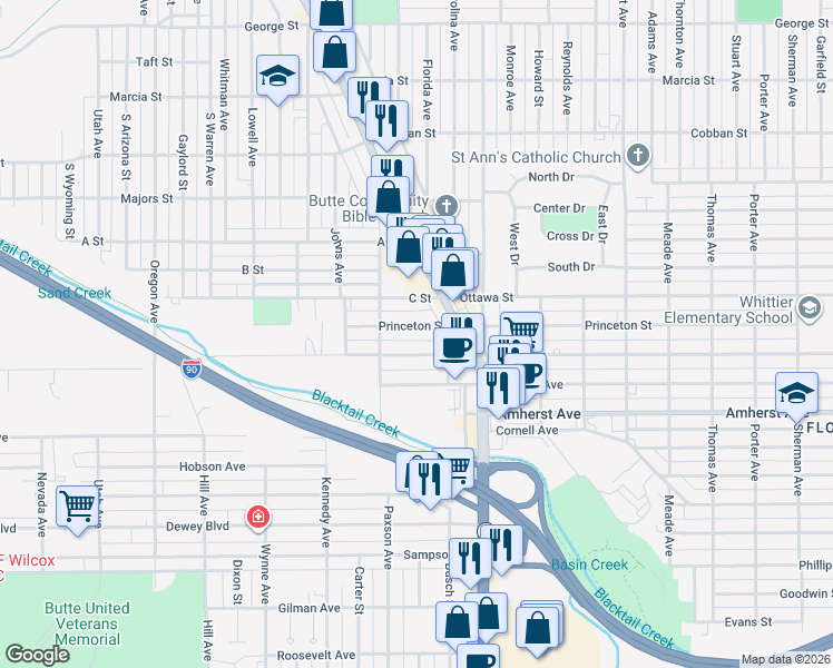 map of restaurants, bars, coffee shops, grocery stores, and more near 1958 Princeton Street in Butte