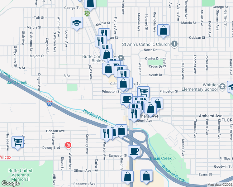 map of restaurants, bars, coffee shops, grocery stores, and more near 1958 Princeton Street in Butte