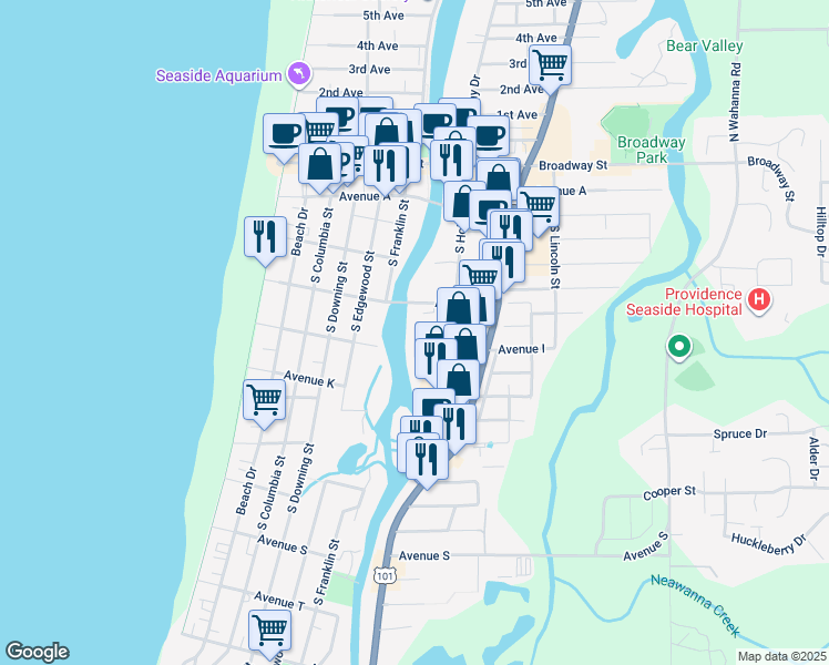 map of restaurants, bars, coffee shops, grocery stores, and more near 810 South Holladay Drive in Seaside
