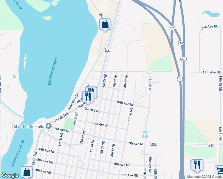 map of restaurants, bars, coffee shops, grocery stores, and more near 1119 7th Street Northeast in Little Falls