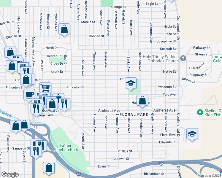 map of restaurants, bars, coffee shops, grocery stores, and more near 2734 Princeton Street in Butte