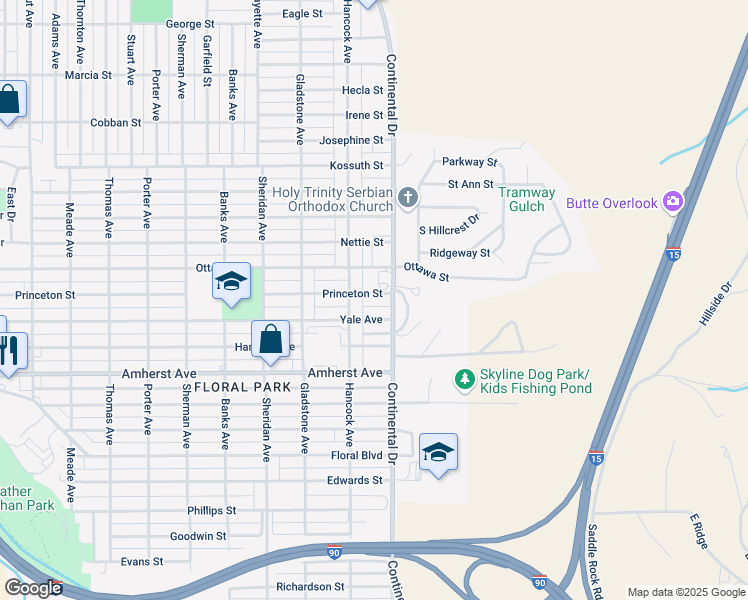 map of restaurants, bars, coffee shops, grocery stores, and more near 3210 Princeton Street in Butte