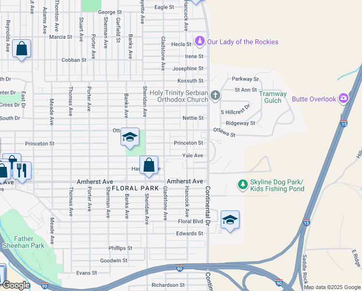 map of restaurants, bars, coffee shops, grocery stores, and more near 3114 Princeton Street in Butte