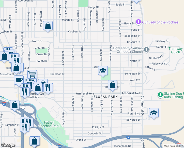 map of restaurants, bars, coffee shops, grocery stores, and more near 2500 Sherman Avenue in Butte