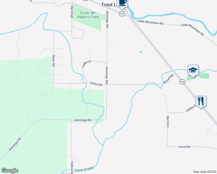 map of restaurants, bars, coffee shops, grocery stores, and more near 56 Jennings Road in Trout Lake