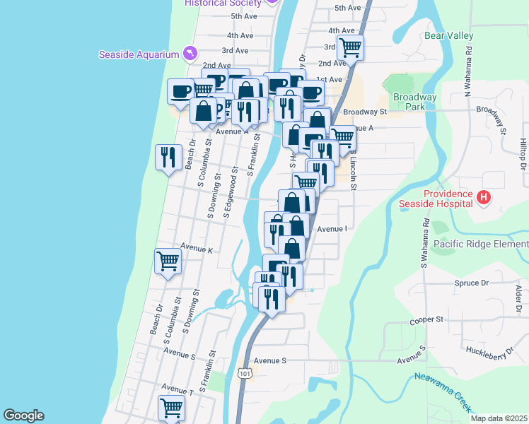 map of restaurants, bars, coffee shops, grocery stores, and more near 810 South Holladay Drive in Seaside