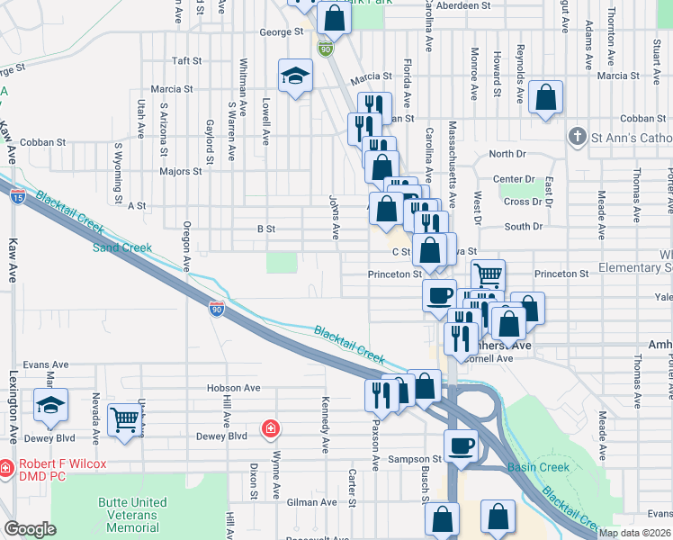 map of restaurants, bars, coffee shops, grocery stores, and more near 2525 Johns Avenue in Butte