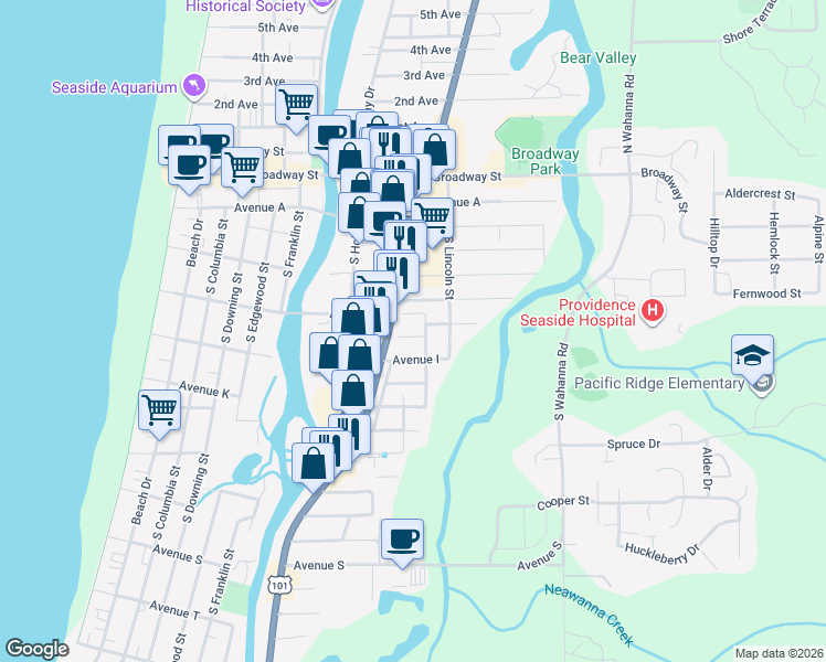 map of restaurants, bars, coffee shops, grocery stores, and more near 934 H Street in Gearhart