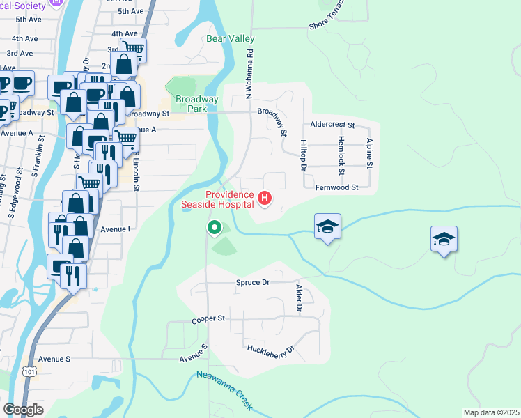 map of restaurants, bars, coffee shops, grocery stores, and more near 727 South Wahanna Road in Seaside