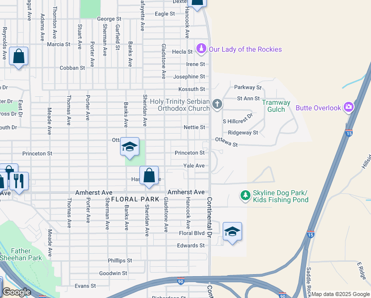 map of restaurants, bars, coffee shops, grocery stores, and more near 3114 Princeton Street in Butte