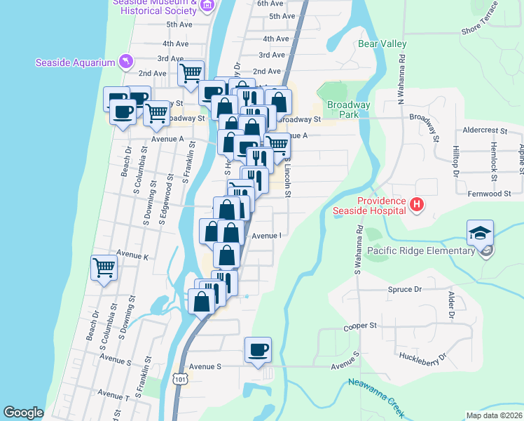 map of restaurants, bars, coffee shops, grocery stores, and more near 880 Avenue I in Seaside