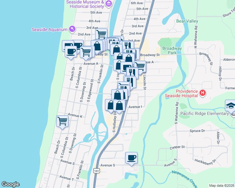 map of restaurants, bars, coffee shops, grocery stores, and more near 720 Avenue G in Seaside
