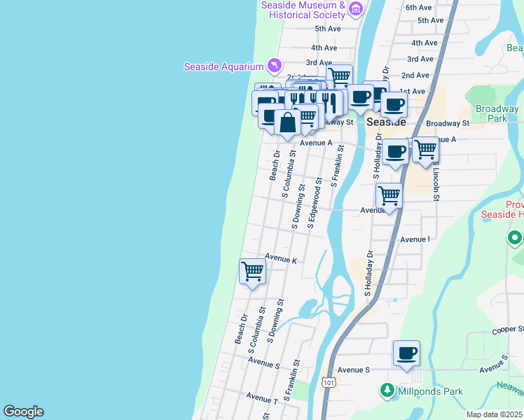 map of restaurants, bars, coffee shops, grocery stores, and more near 30 Avenue G in Seaside