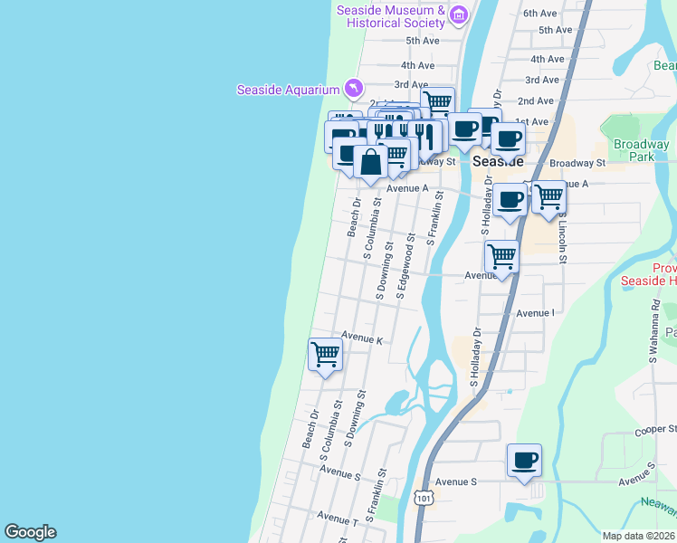 map of restaurants, bars, coffee shops, grocery stores, and more near 30 Avenue G in Seaside