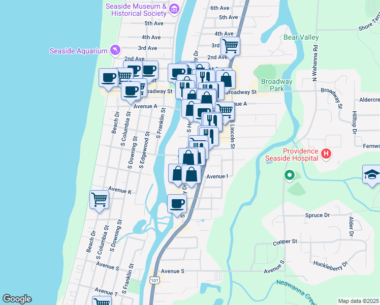 map of restaurants, bars, coffee shops, grocery stores, and more near 540 South Irvine Place in Seaside