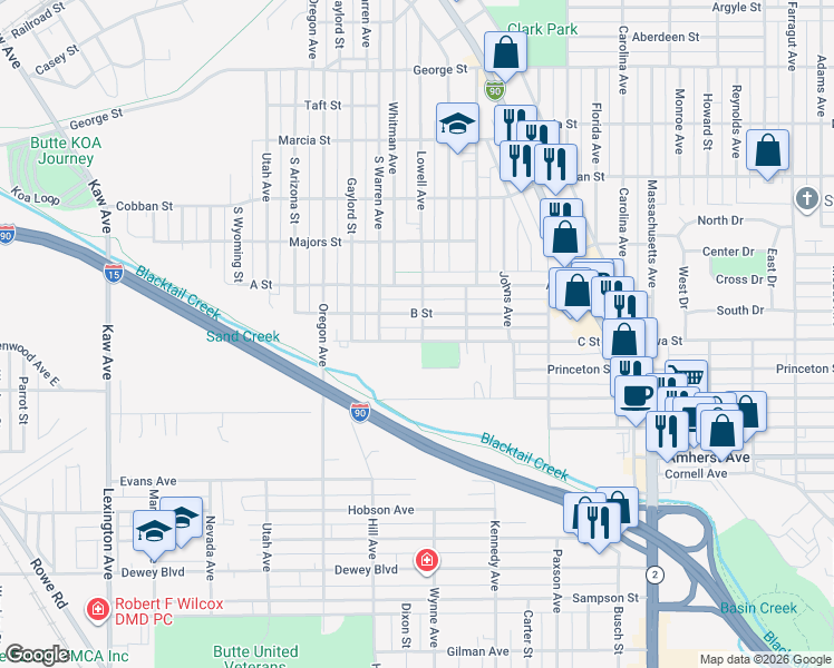 map of restaurants, bars, coffee shops, grocery stores, and more near 1614 B Street in Butte