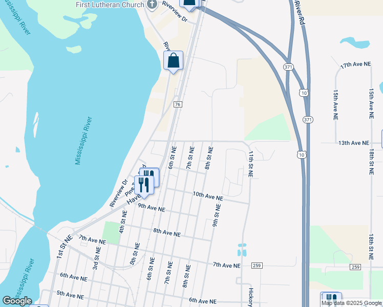 map of restaurants, bars, coffee shops, grocery stores, and more near 1211 7th Street Northeast in Little Falls
