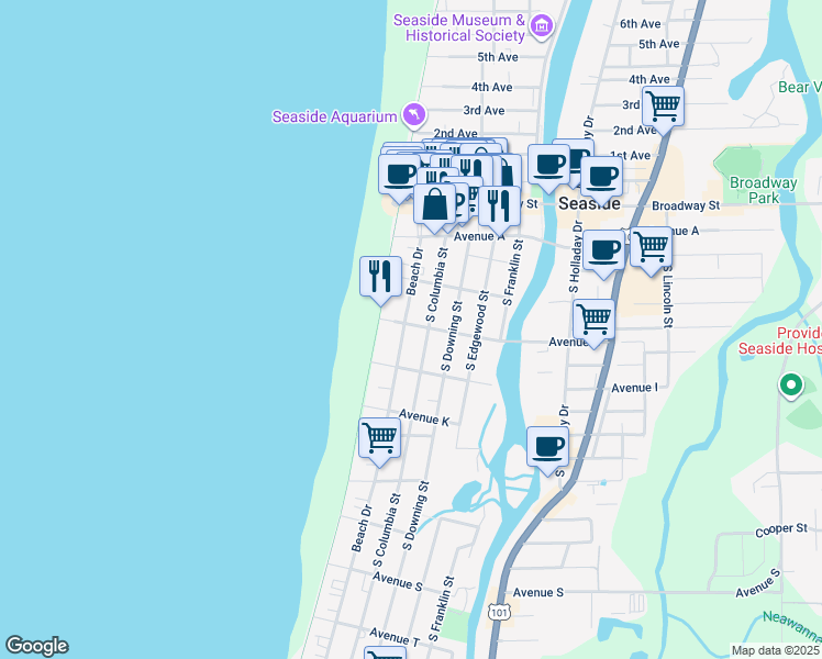 map of restaurants, bars, coffee shops, grocery stores, and more near 30 Avenue G in Seaside