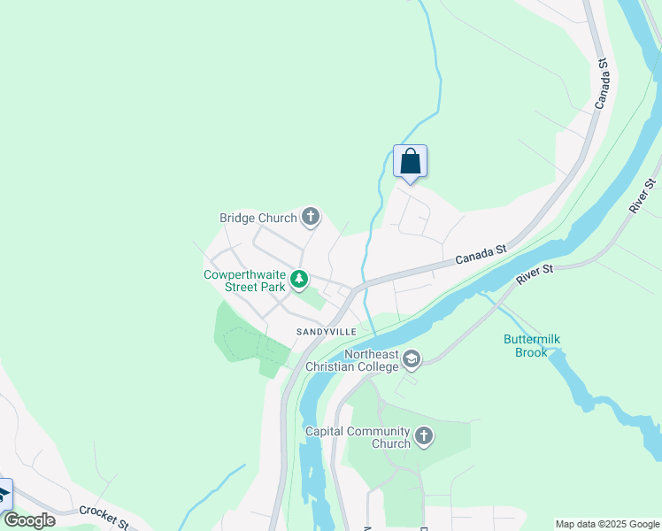 map of restaurants, bars, coffee shops, grocery stores, and more near Malibu Street in Fredericton