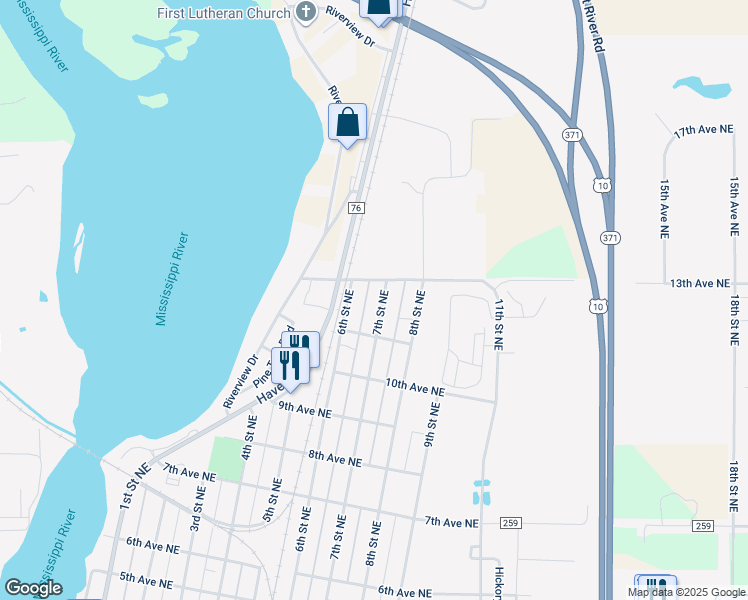 map of restaurants, bars, coffee shops, grocery stores, and more near 1211 7th Street Northeast in Little Falls