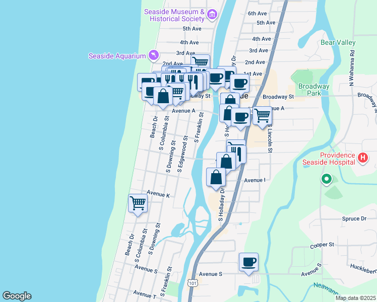map of restaurants, bars, coffee shops, grocery stores, and more near 641 South Edgewood Street in Seaside