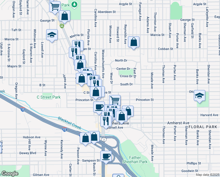 map of restaurants, bars, coffee shops, grocery stores, and more near 2295 West Drive in Butte
