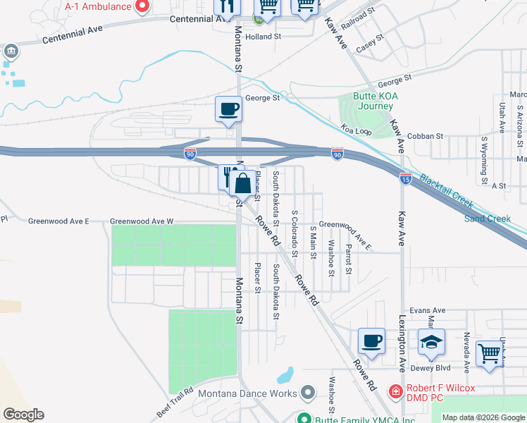 map of restaurants, bars, coffee shops, grocery stores, and more near 2310 Placer Street in Butte