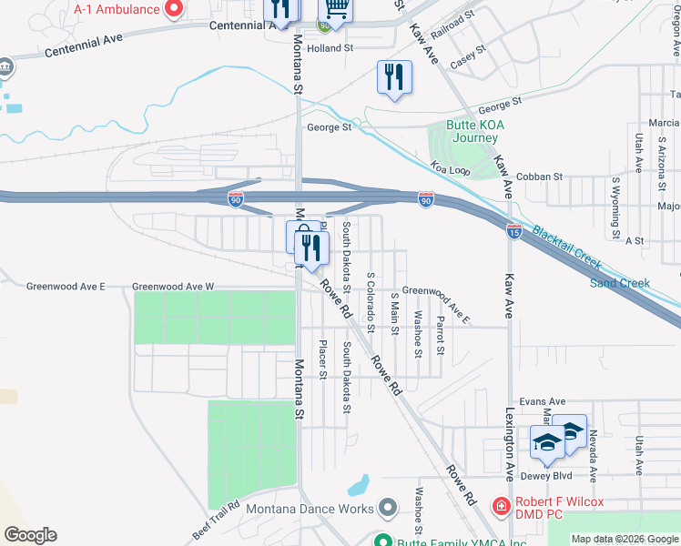 map of restaurants, bars, coffee shops, grocery stores, and more near 2310 Placer St in Butte
