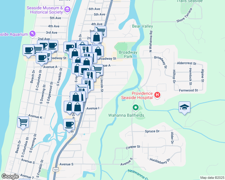 map of restaurants, bars, coffee shops, grocery stores, and more near 1176 Avenue F in Seaside