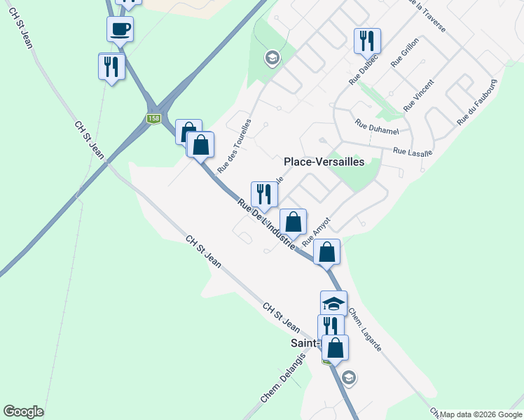 map of restaurants, bars, coffee shops, grocery stores, and more near 768 Boulevard de l'Industrie in Saint-Paul