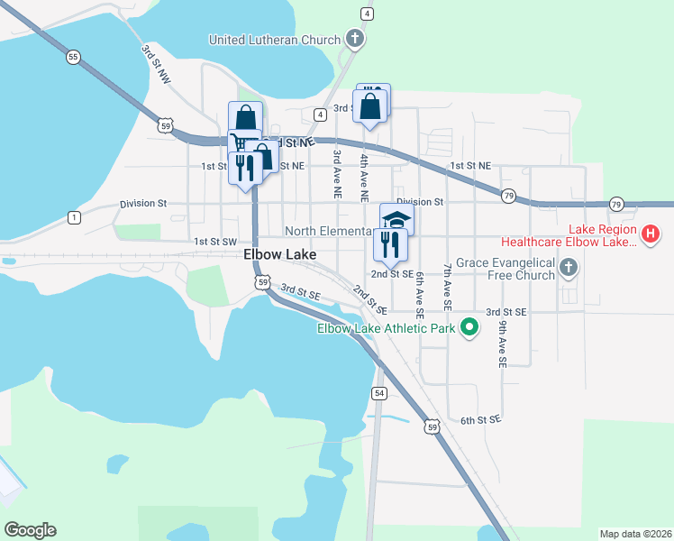 map of restaurants, bars, coffee shops, grocery stores, and more near 118 3rd Avenue Southeast in Elbow Lake