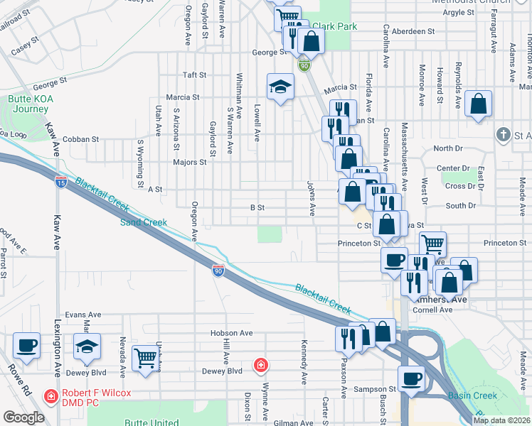 map of restaurants, bars, coffee shops, grocery stores, and more near 1614 B Street in Butte
