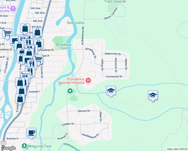 map of restaurants, bars, coffee shops, grocery stores, and more near 1624 Whispering Pines Drive in Seaside