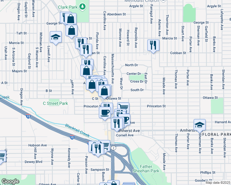 map of restaurants, bars, coffee shops, grocery stores, and more near 2295 West Drive in Butte