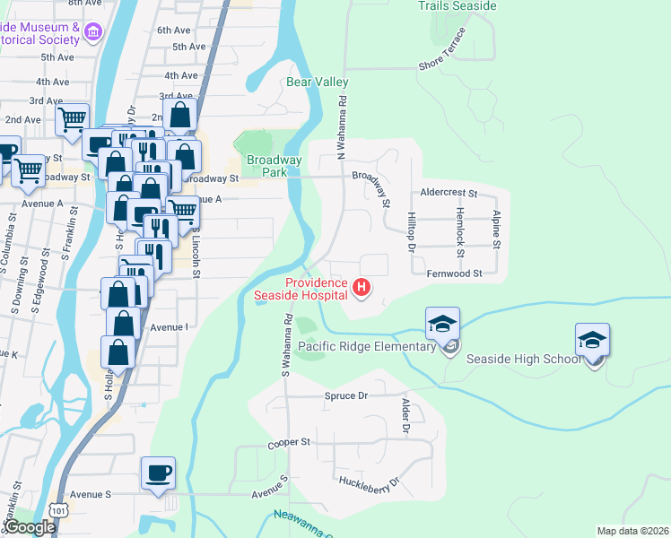 map of restaurants, bars, coffee shops, grocery stores, and more near 1573 Whispering Pines Drive in Seaside