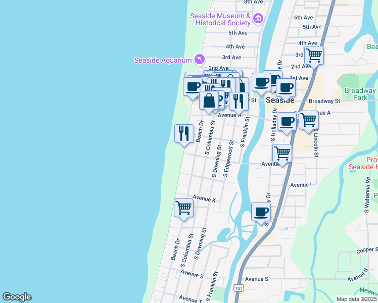 map of restaurants, bars, coffee shops, grocery stores, and more near 30 Avenue G in Seaside