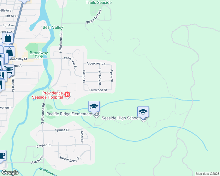 map of restaurants, bars, coffee shops, grocery stores, and more near 2157 Fernwood Street in Seaside