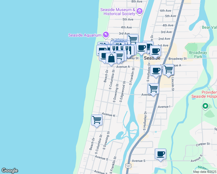 map of restaurants, bars, coffee shops, grocery stores, and more near 661 South Columbia Street in Seaside