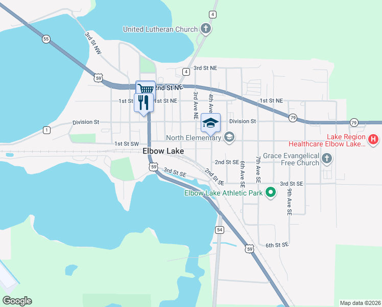map of restaurants, bars, coffee shops, grocery stores, and more near 118 3rd Avenue Southeast in Elbow Lake