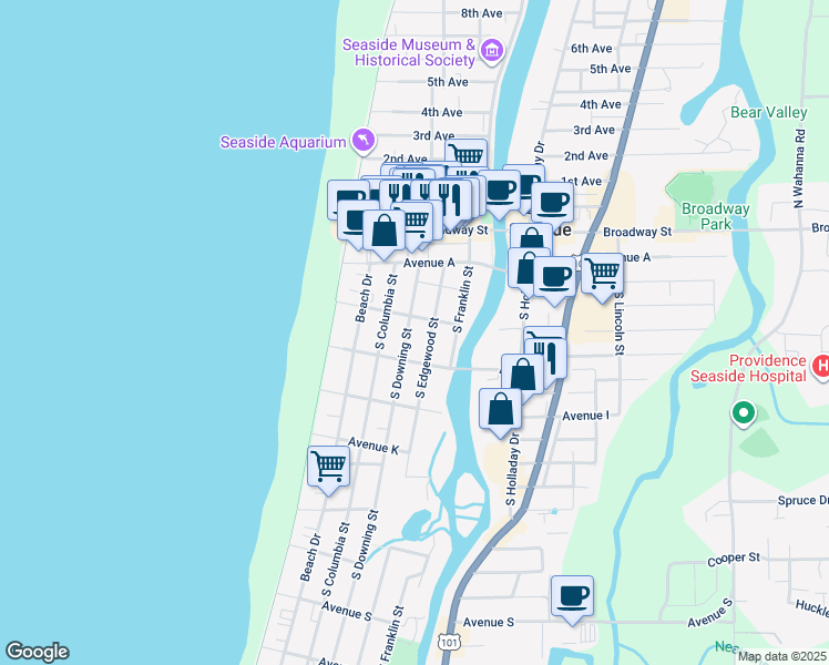 map of restaurants, bars, coffee shops, grocery stores, and more near 641 South Edgewood Street in Seaside