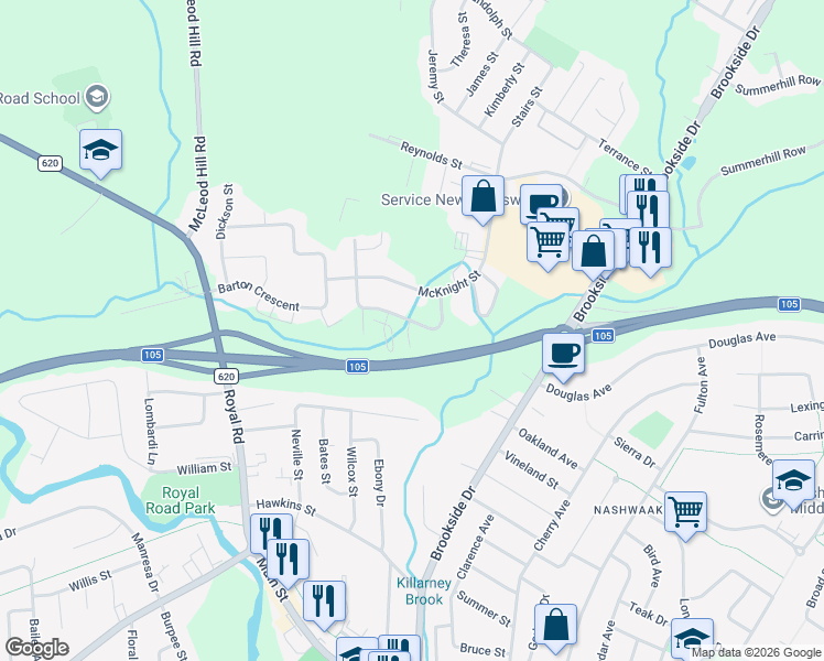 map of restaurants, bars, coffee shops, grocery stores, and more near 75 Ashley Crescent in Fredericton