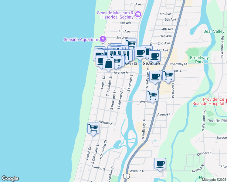 map of restaurants, bars, coffee shops, grocery stores, and more near 560 South Downing Street in Seaside