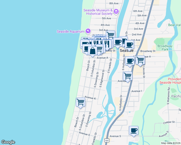 map of restaurants, bars, coffee shops, grocery stores, and more near 580 South Columbia Street in Seaside
