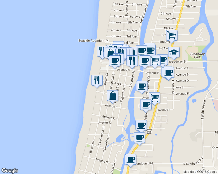 map of restaurants, bars, coffee shops, grocery stores, and more near 580 South Columbia Street in Seaside