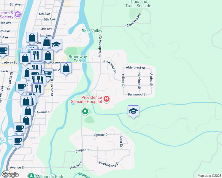 map of restaurants, bars, coffee shops, grocery stores, and more near 1624 Whispering Pines Drive in Seaside