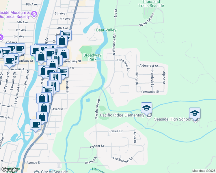 map of restaurants, bars, coffee shops, grocery stores, and more near 727 South Wahanna Road in Seaside