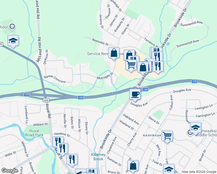 map of restaurants, bars, coffee shops, grocery stores, and more near 105 Ashley Crescent in Fredericton