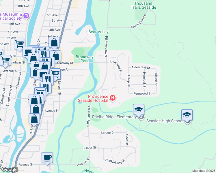 map of restaurants, bars, coffee shops, grocery stores, and more near Whispering Pines Drive in Seaside